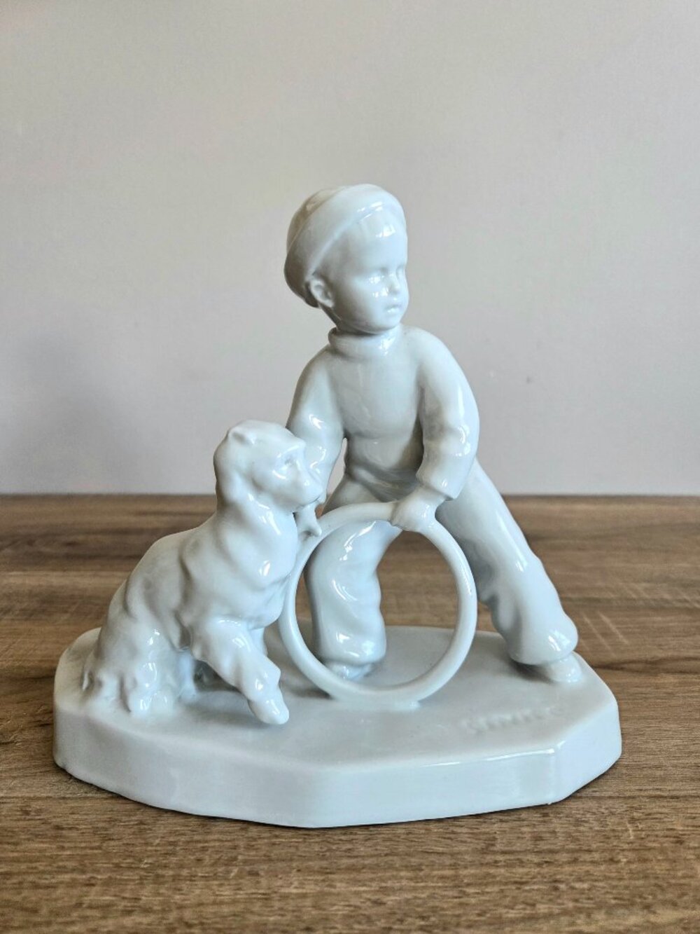 Vintage Antique Art Deco Ceramic Sculpture Boy with Hoop and Dog by Andras Sinko